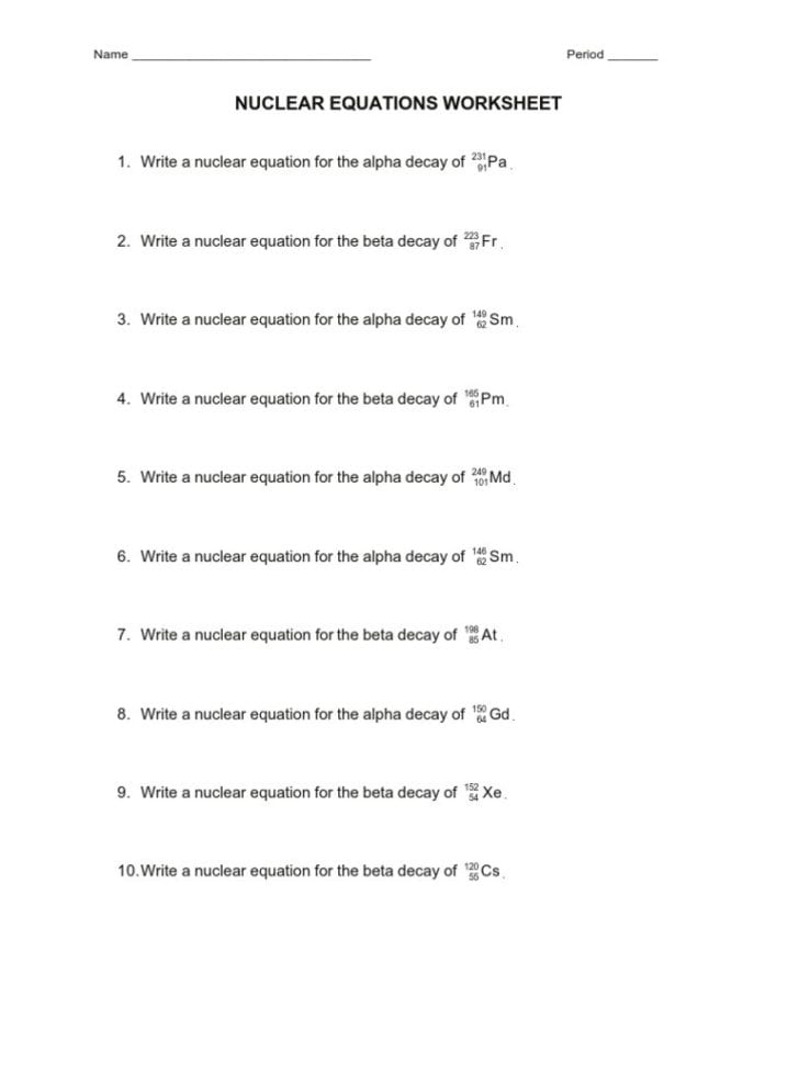 Nuclear Equations Worksheet