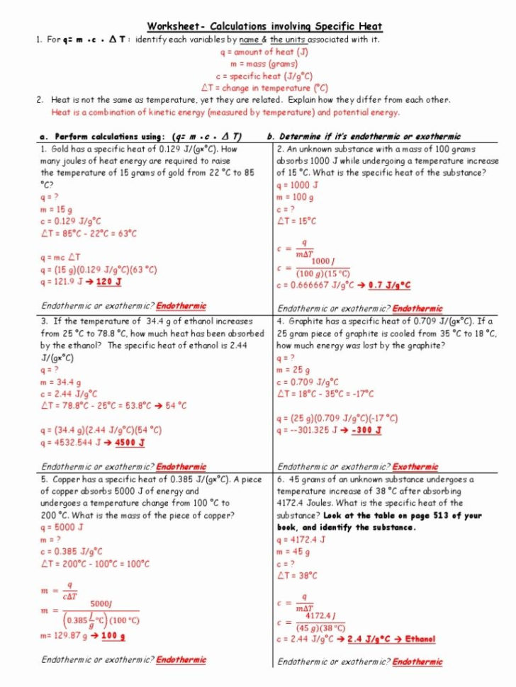 Worksheet Calculations Involving Specific Heat