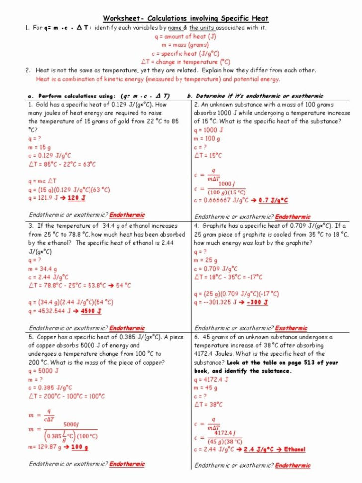 Worksheet Calculations Involving Specific Heat — db-excel.com