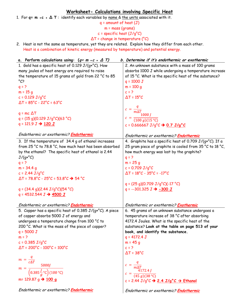 Worksheet Calculations Involving Specific Heat