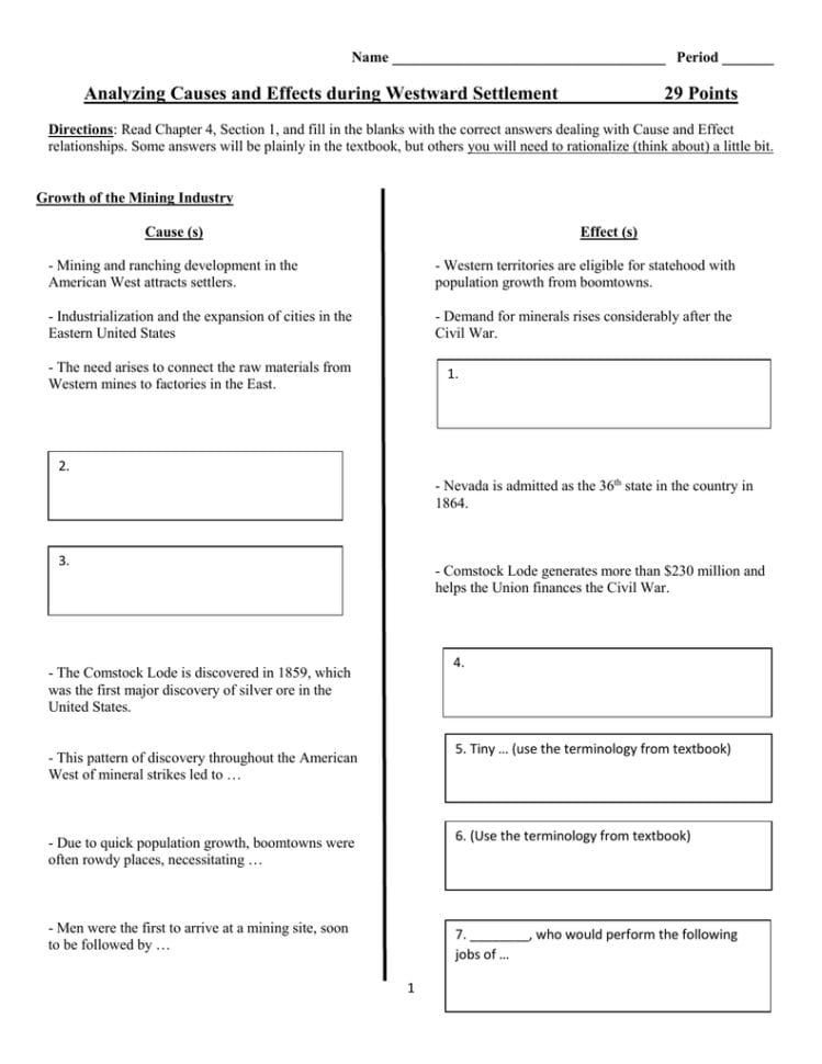 Worksheet  Cause And Effect  Mining And Ranching In The West