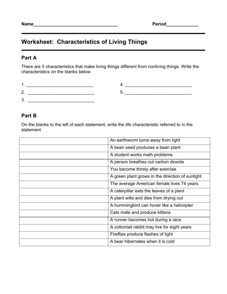 Worksheet Characteristics Of Living Things