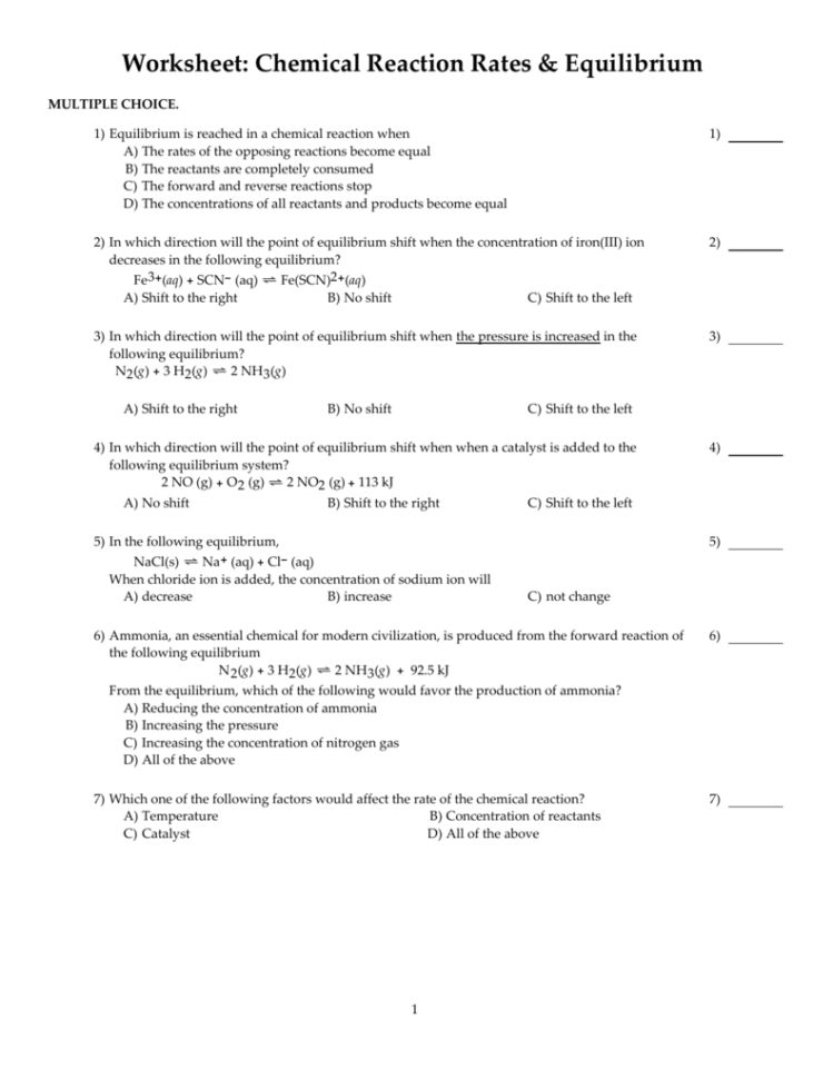 Worksheet Chemical Reaction Rates  Equilibrium