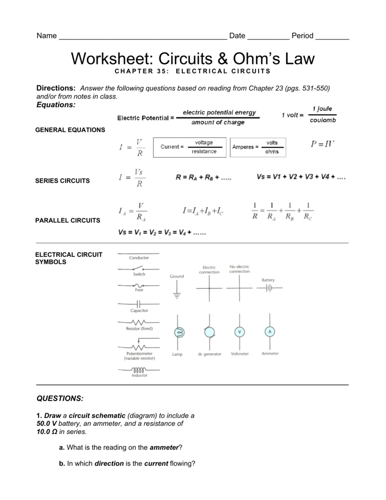 Worksheet Circuits  Ohm's Law