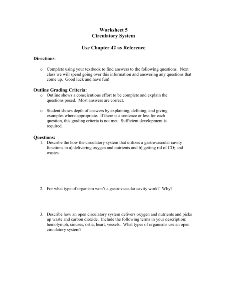 Worksheet Circulatory System