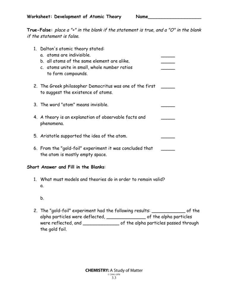 Atomic Theory Worksheet Answers Db excel