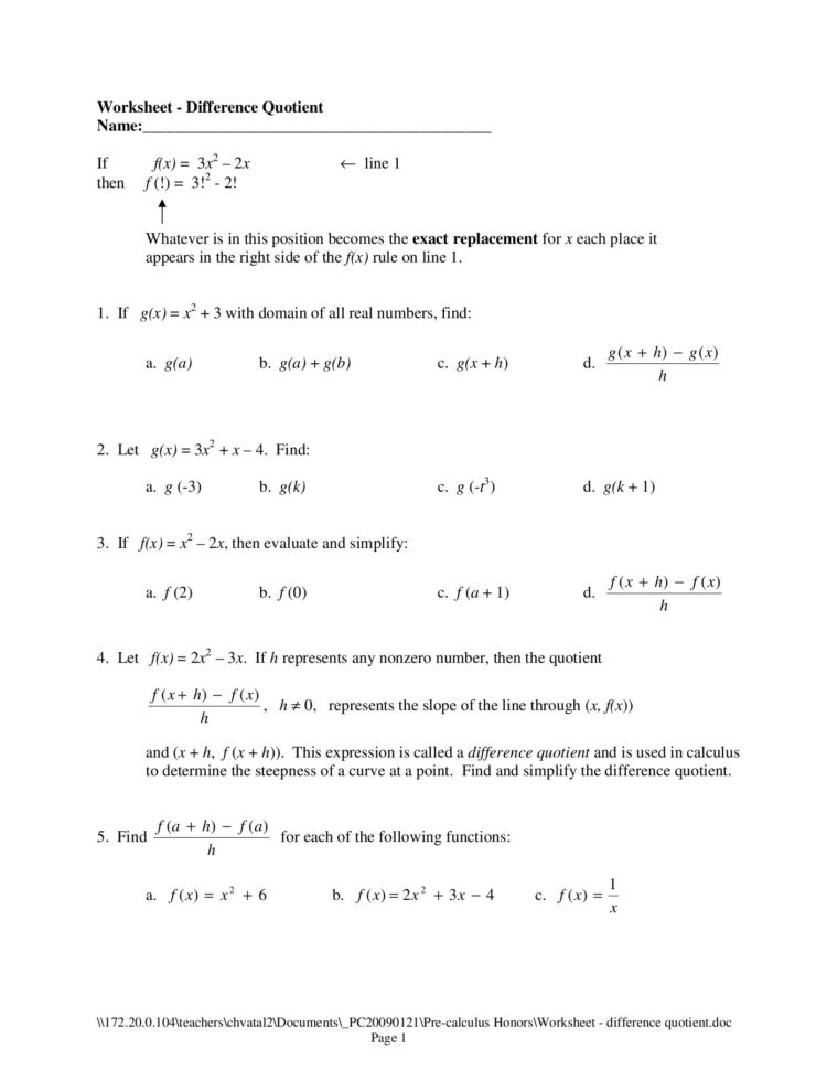 Worksheet  Difference Quotient  Mvyps Pages 1  5  Text