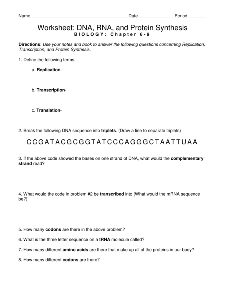 Protein Synthesis Worksheet Answers