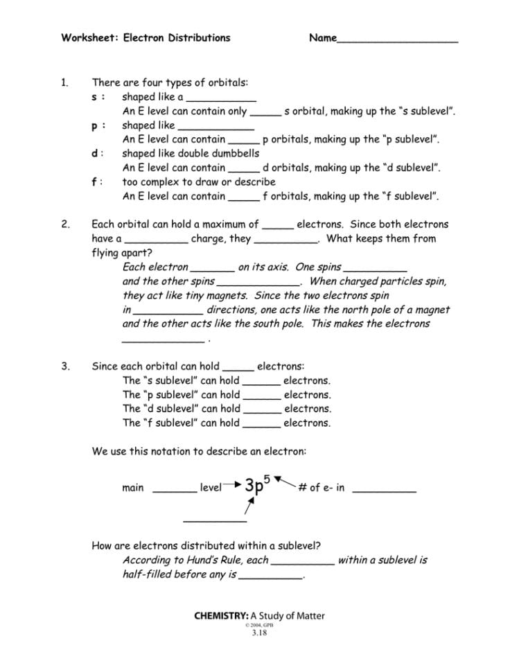 Worksheet Electron Distributions Name S