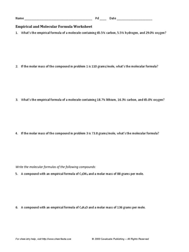 Empirical And Molecular Formula Worksheet Answer Key