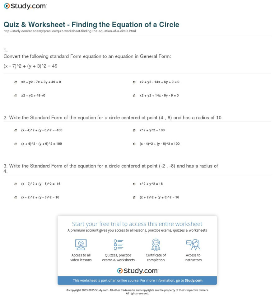Worksheet Equation Of A Circle Worksheet Quiz Worksheet