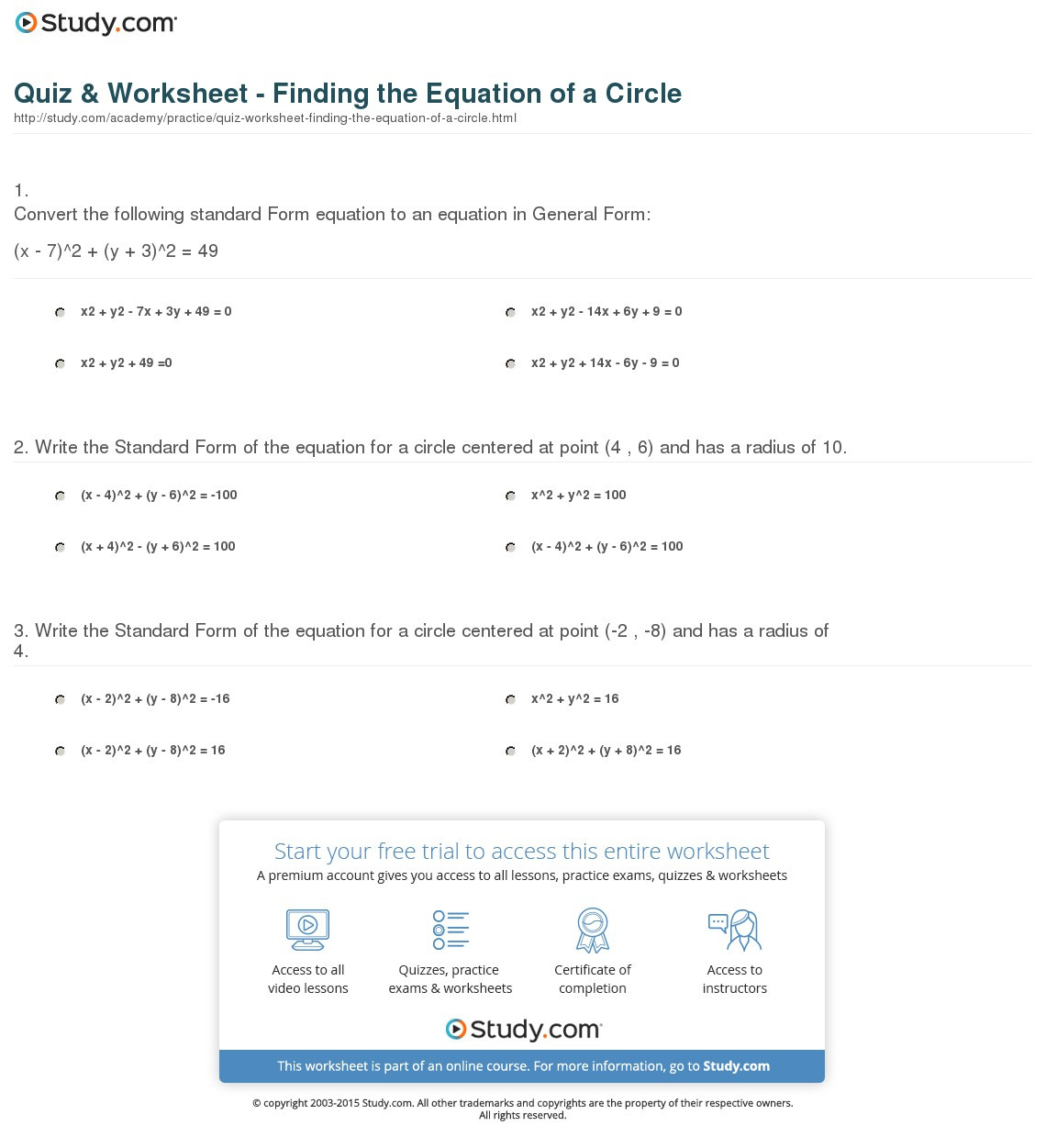 Standard Form Equation Of A Circle Worksheet Answers — db-excel.com