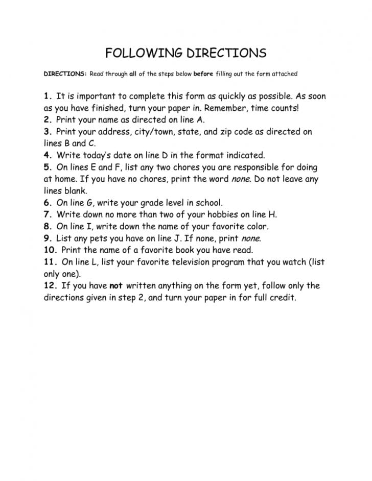 Following Directions Worksheet Middle School