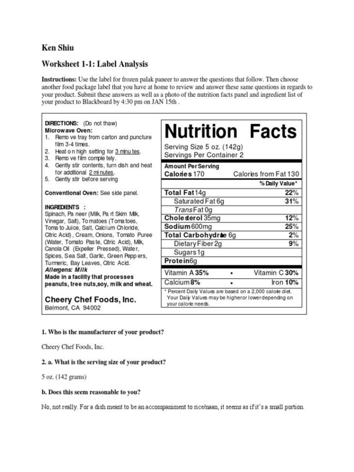 Worksheet Food Label Worksheet Amanda Gerson Career