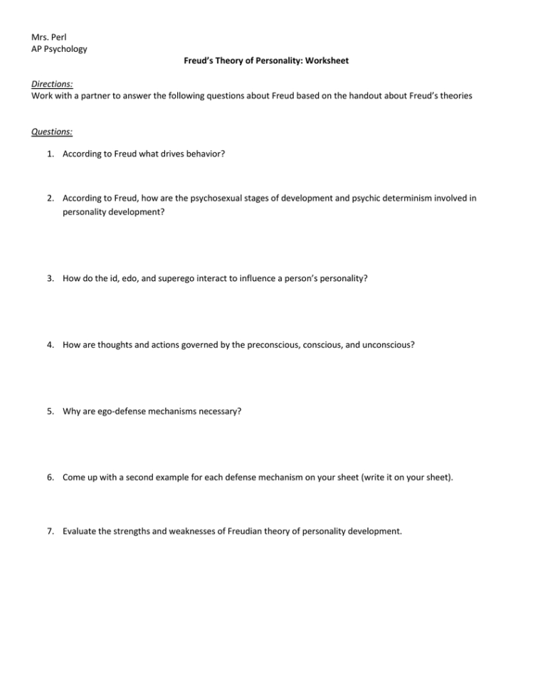 Worksheet For Freud's Theory