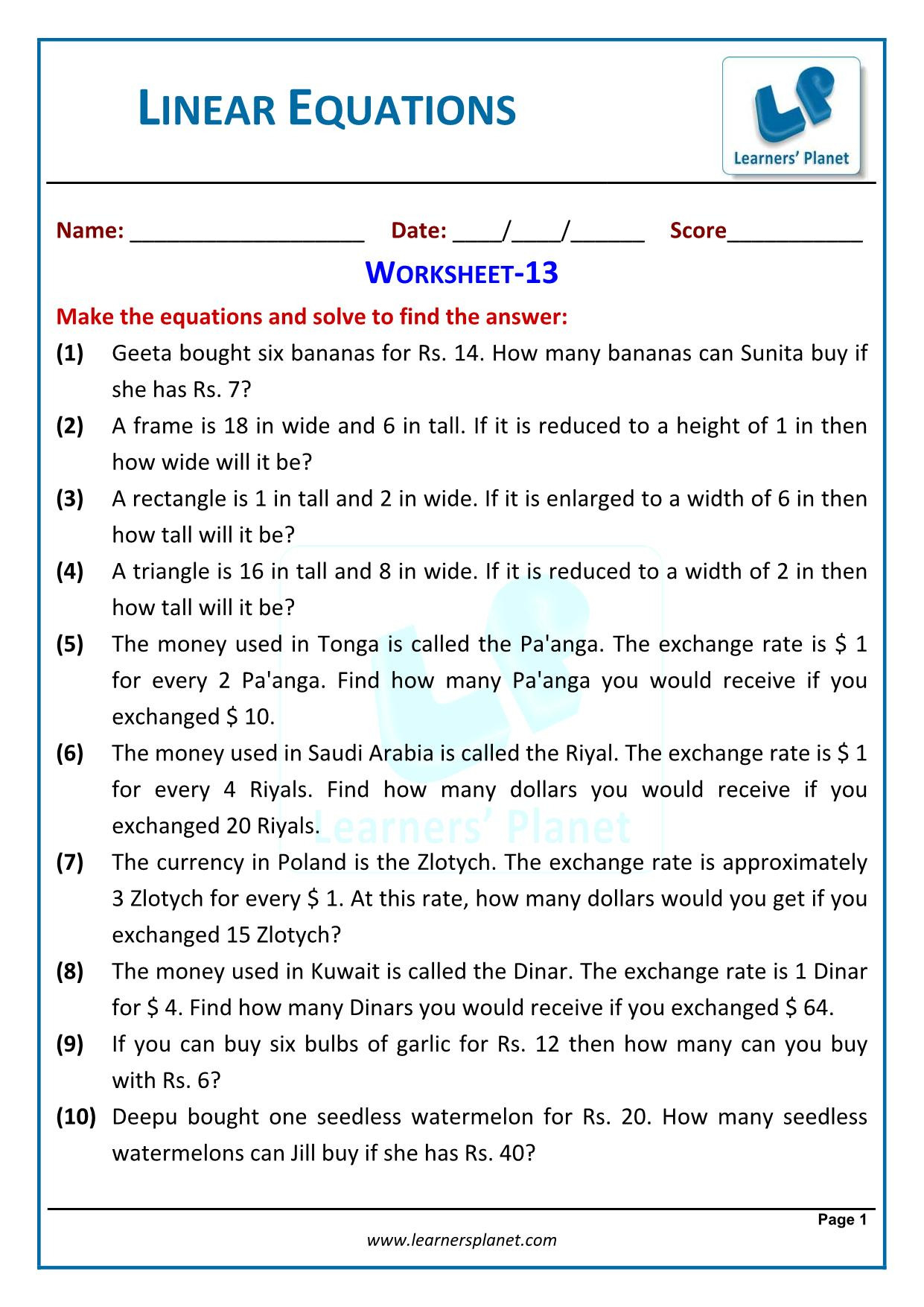 Worksheet For Linear Equations In One Variable Class 7 Maths