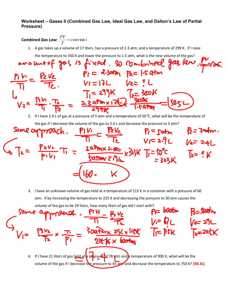 Worksheet  Gas Laws Ii Answers