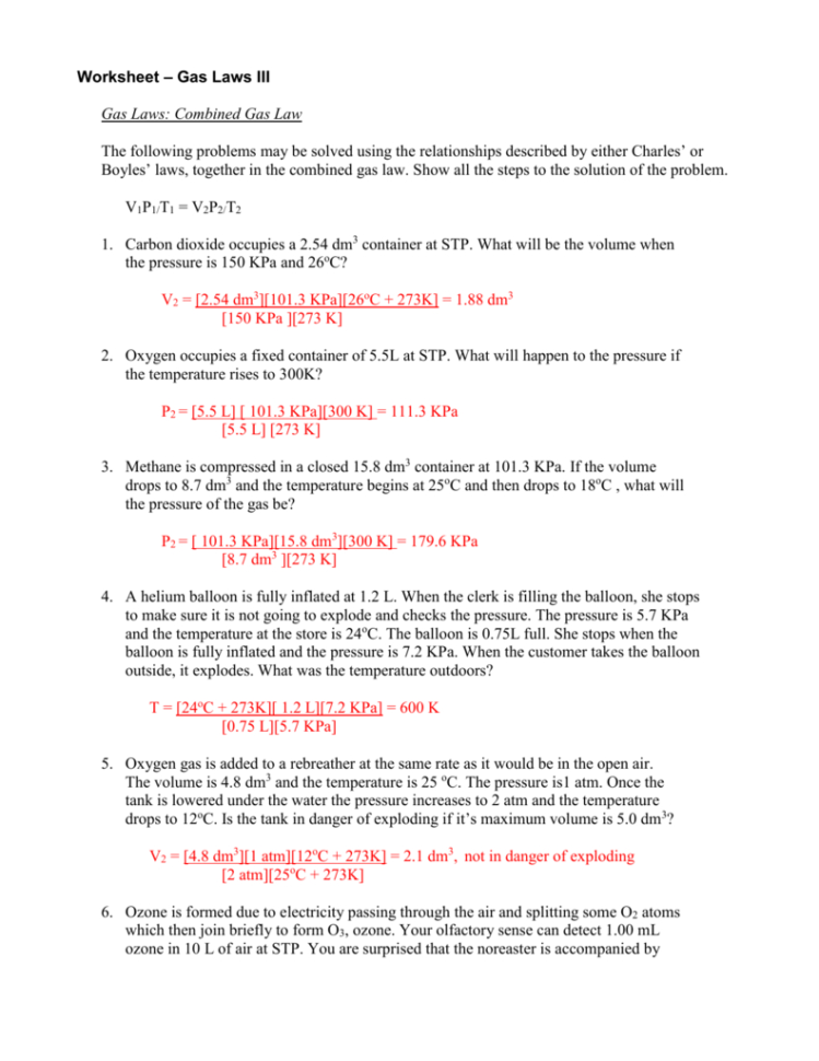 Worksheet – Gas Laws Iii