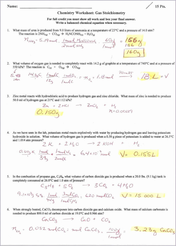 Worksheet Gas Stoichiometry Worksheet Ideal Gas Law