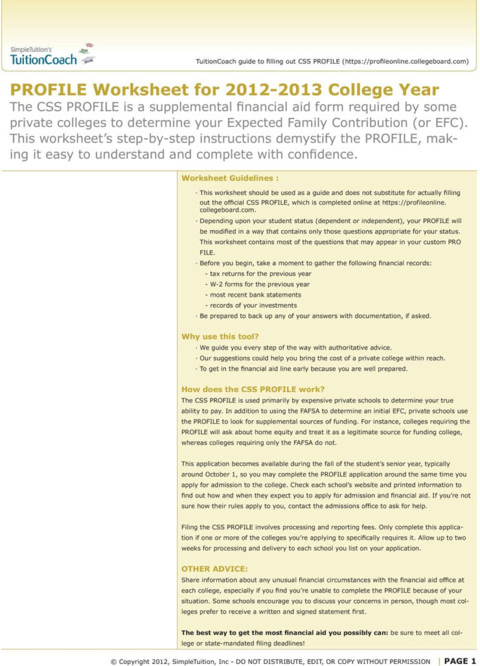 Worksheet Guidelines  Why Use This Tool How Does The Css Profile