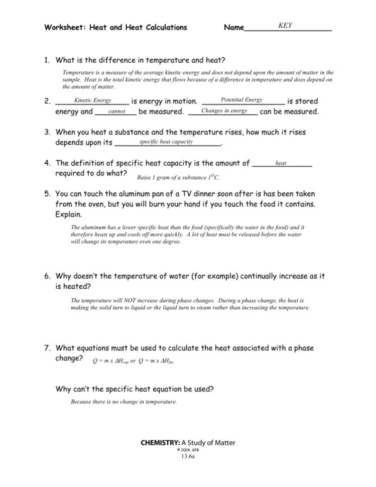 Worksheet Heat And Heat Calculations