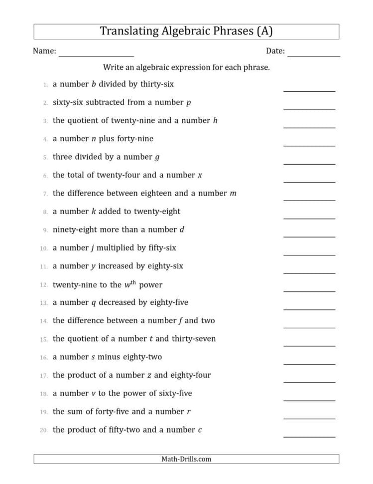 Worksheet Ideas  Algebra Translating Algebraic Phrases 001