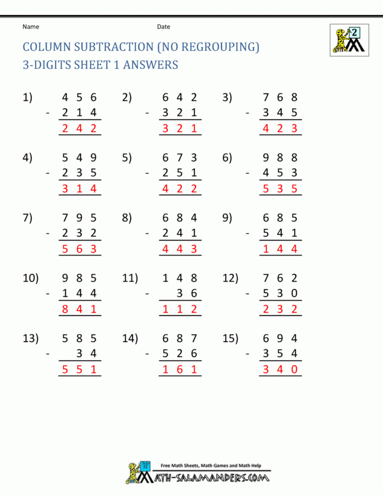 Worksheet Ideas  Digit Subtraction Worksheets Practice Math Sheets