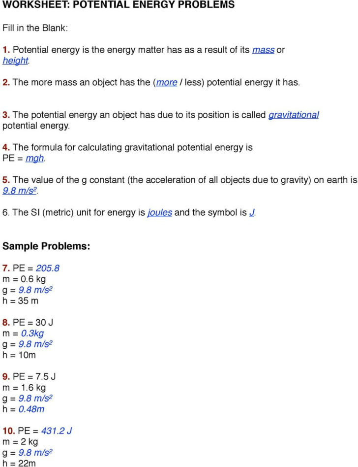 Worksheet Kinetic And Potential Energy Problems Answer Key