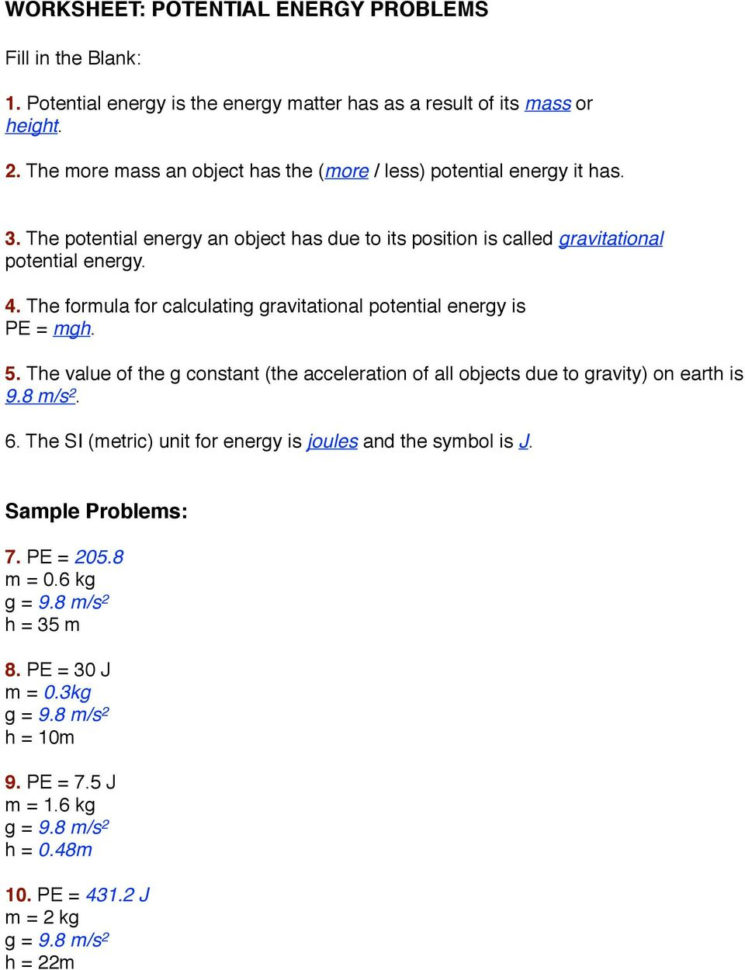 Worksheet Kinetic And Potential Energy Problems  Pdf