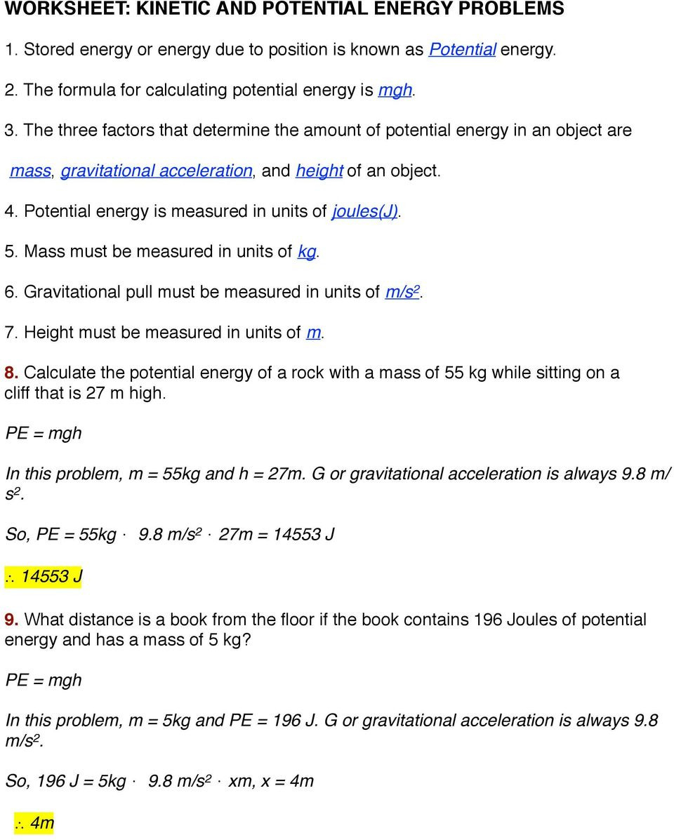 Worksheet Kinetic And Potential Energy Problems  Pdf
