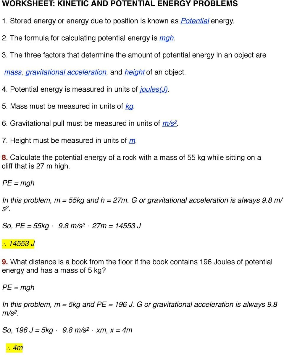 Worksheet Kinetic And Potential Energy Problems  Pdf