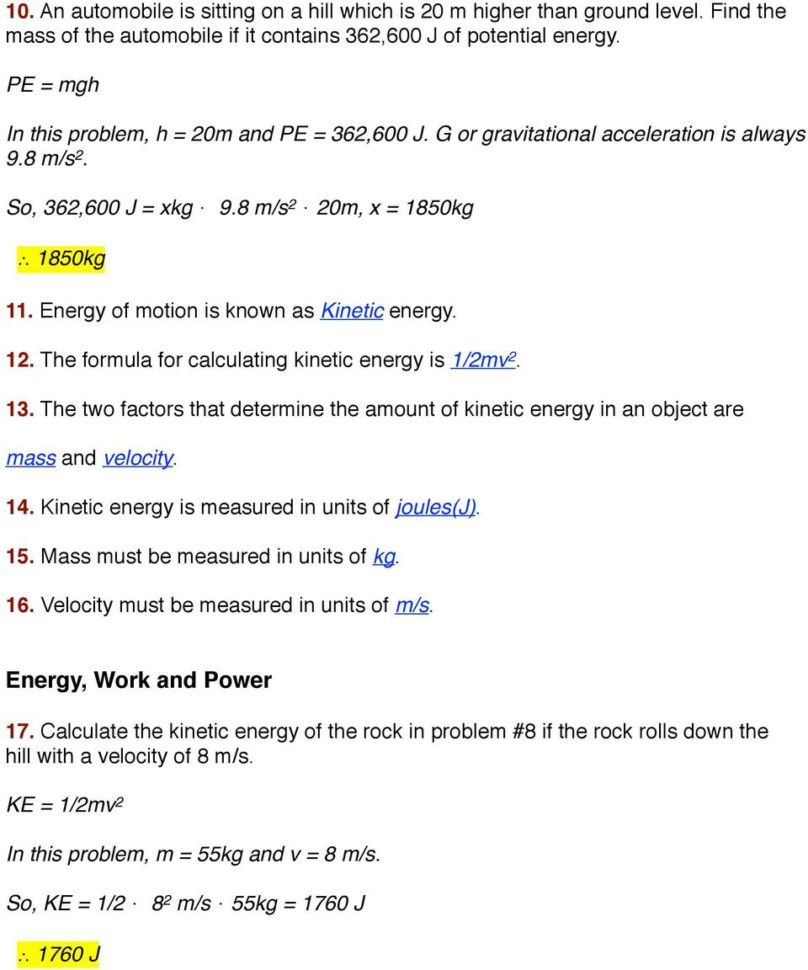 Worksheet Kinetic And Potential Energy Problems  Pdf