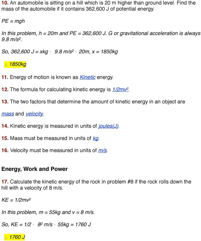 Worksheet Kinetic And Potential Energy Problems  Pdf