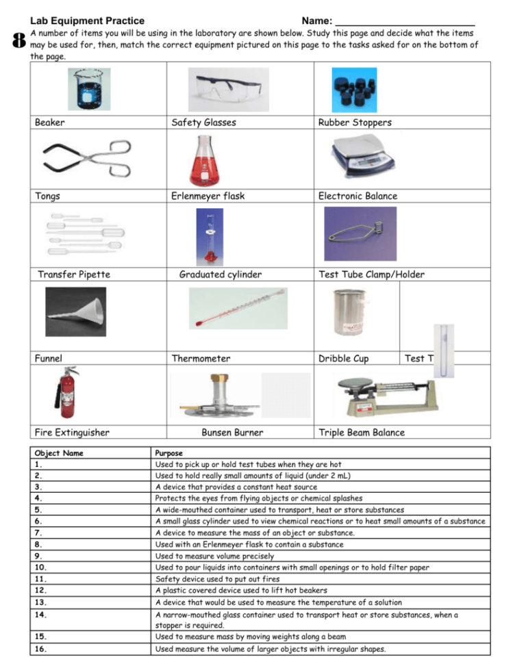 Worksheet – Lab Equipment  St James Physical Science
