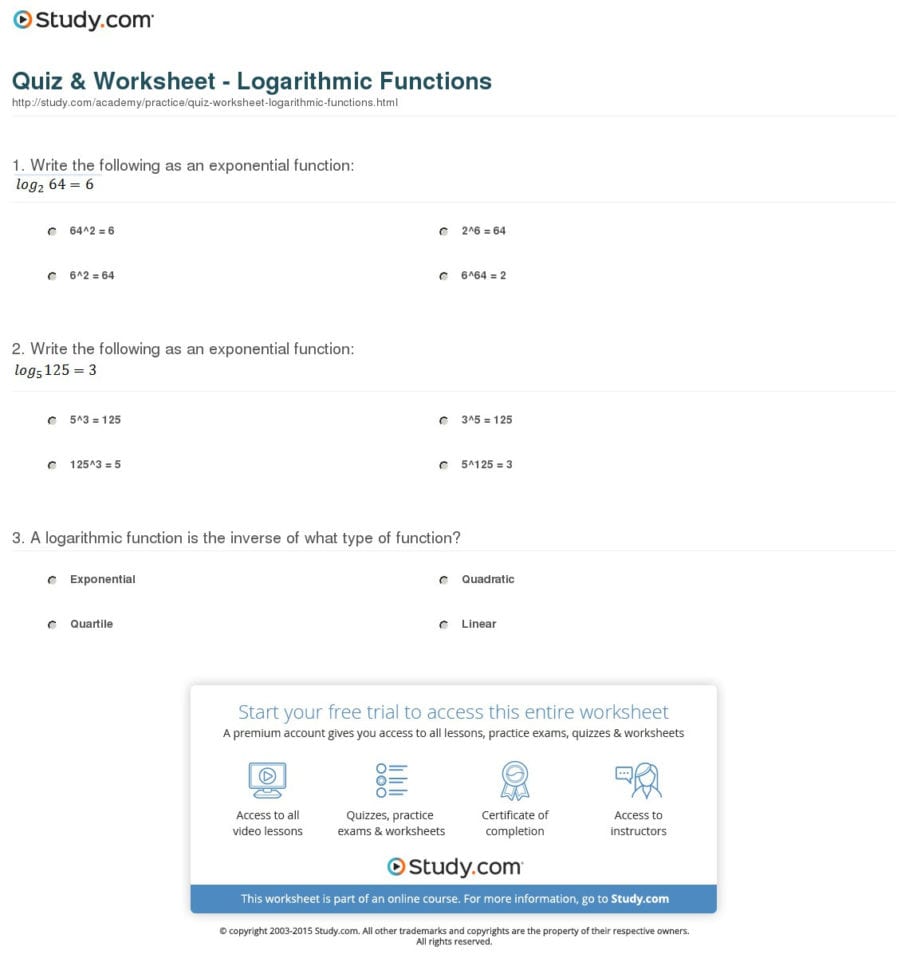 Worksheet Logarithmic Function Key
