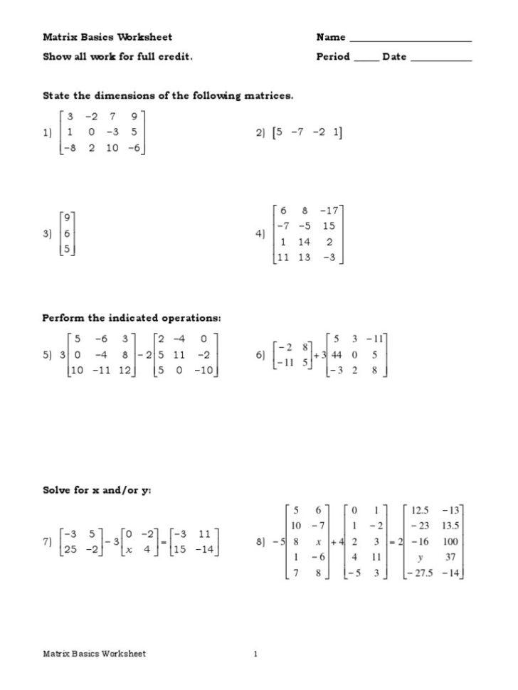 Worksheet Matrices Worksheets Matrix Worksheets Sections