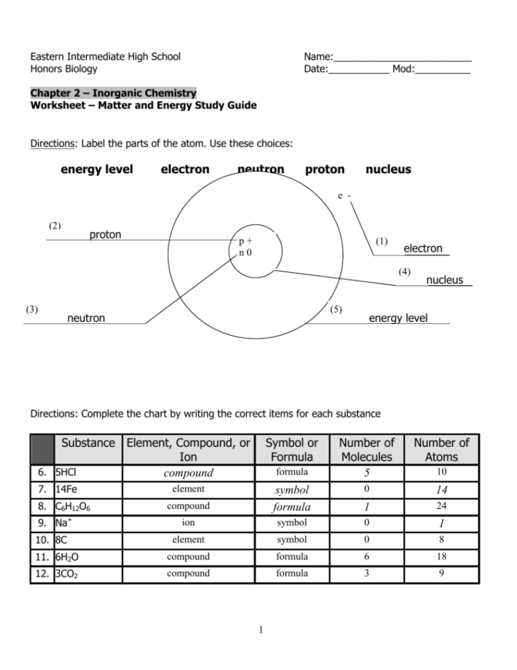Worksheet  Matter  Energy Answer Key