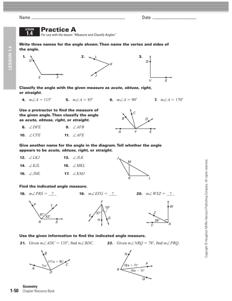 Worksheet  Measuring And Classifing Angles