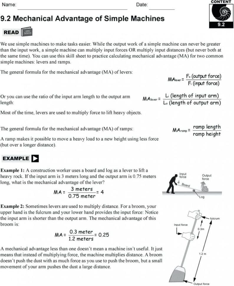 Worksheet Mechanical Advantage Worksheet Mechanical