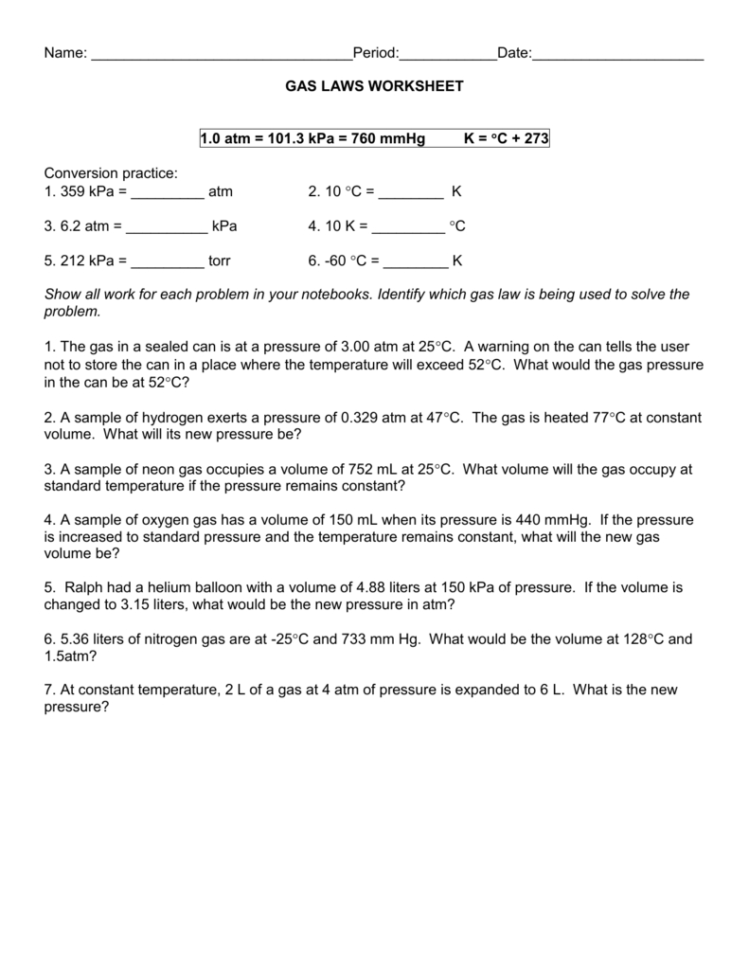Worksheet  Mixed Gas Law Worksheet