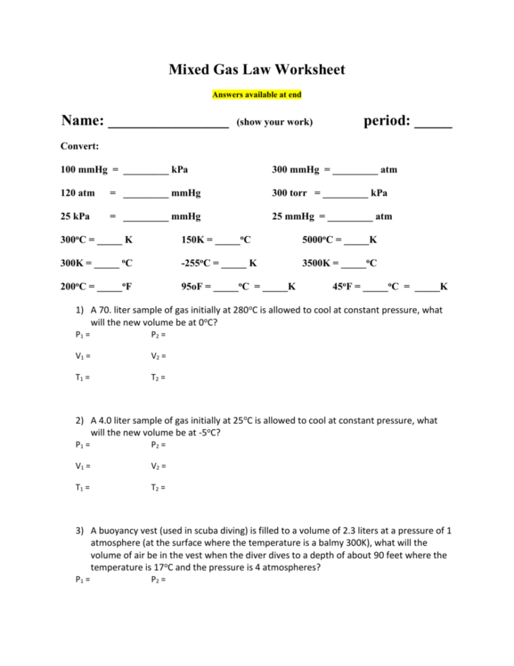 Gas Laws And Scuba Diving Worksheet Answers