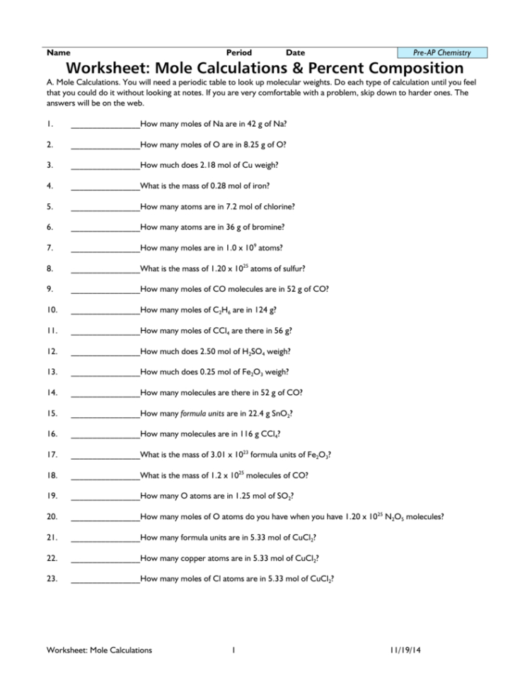 Worksheet Mole Calculations  Percent Composition