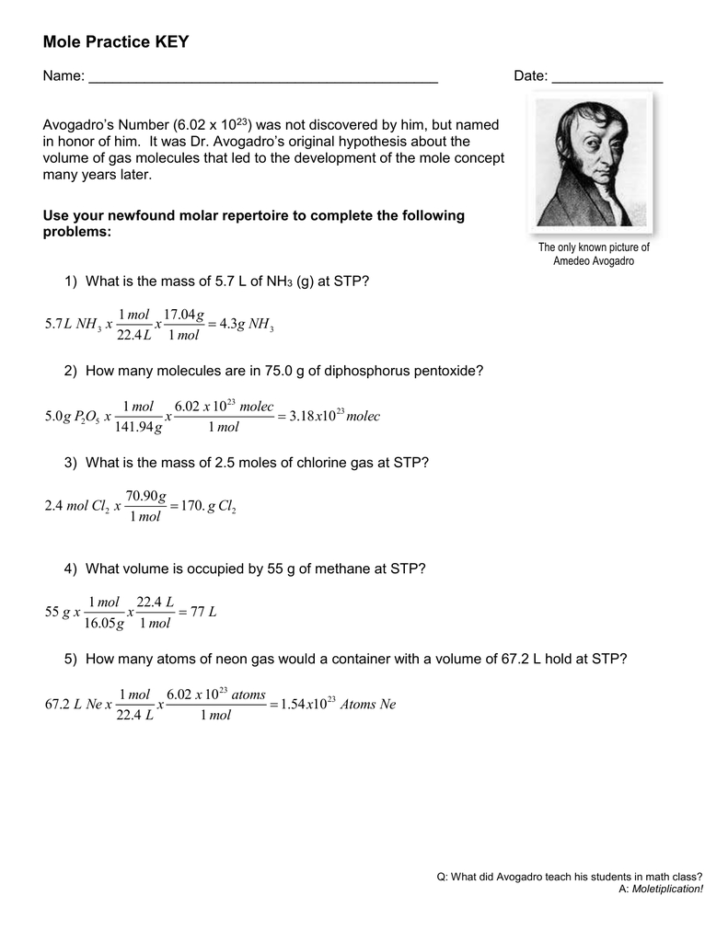 Avogadro S Number To Moles Worksheet