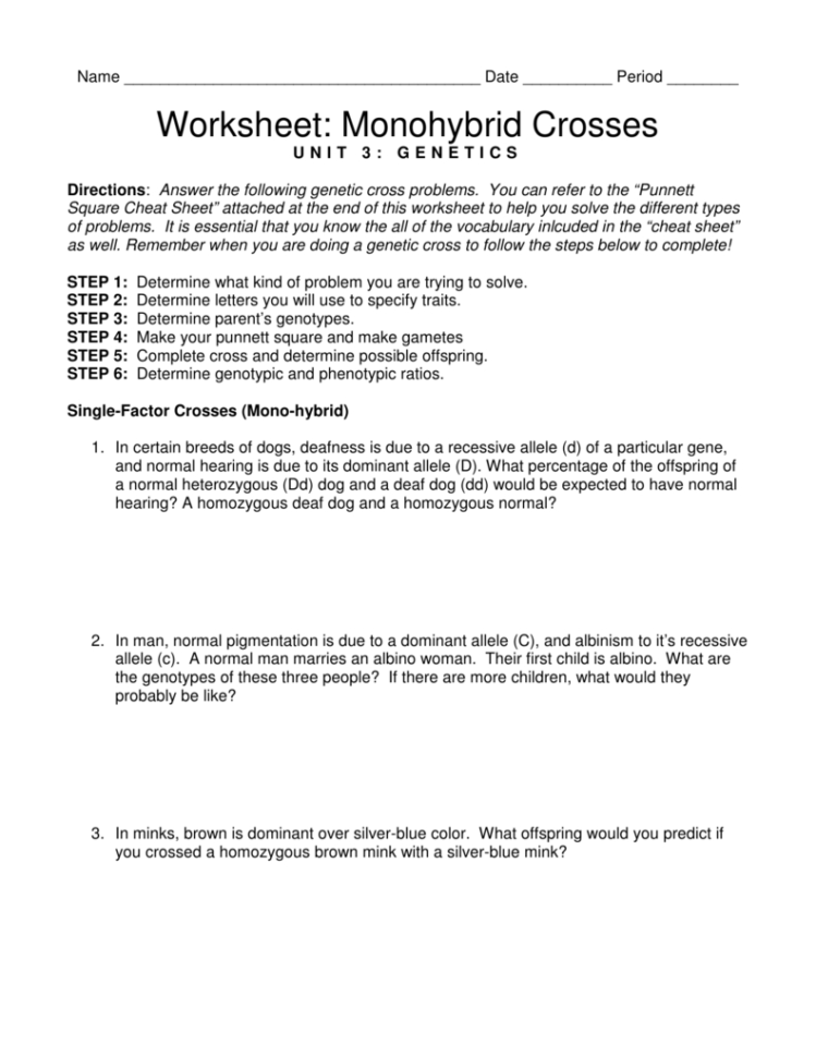 Worksheet Monohybrid Crosses