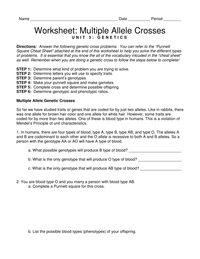 Worksheet Multiple Allele Crosses