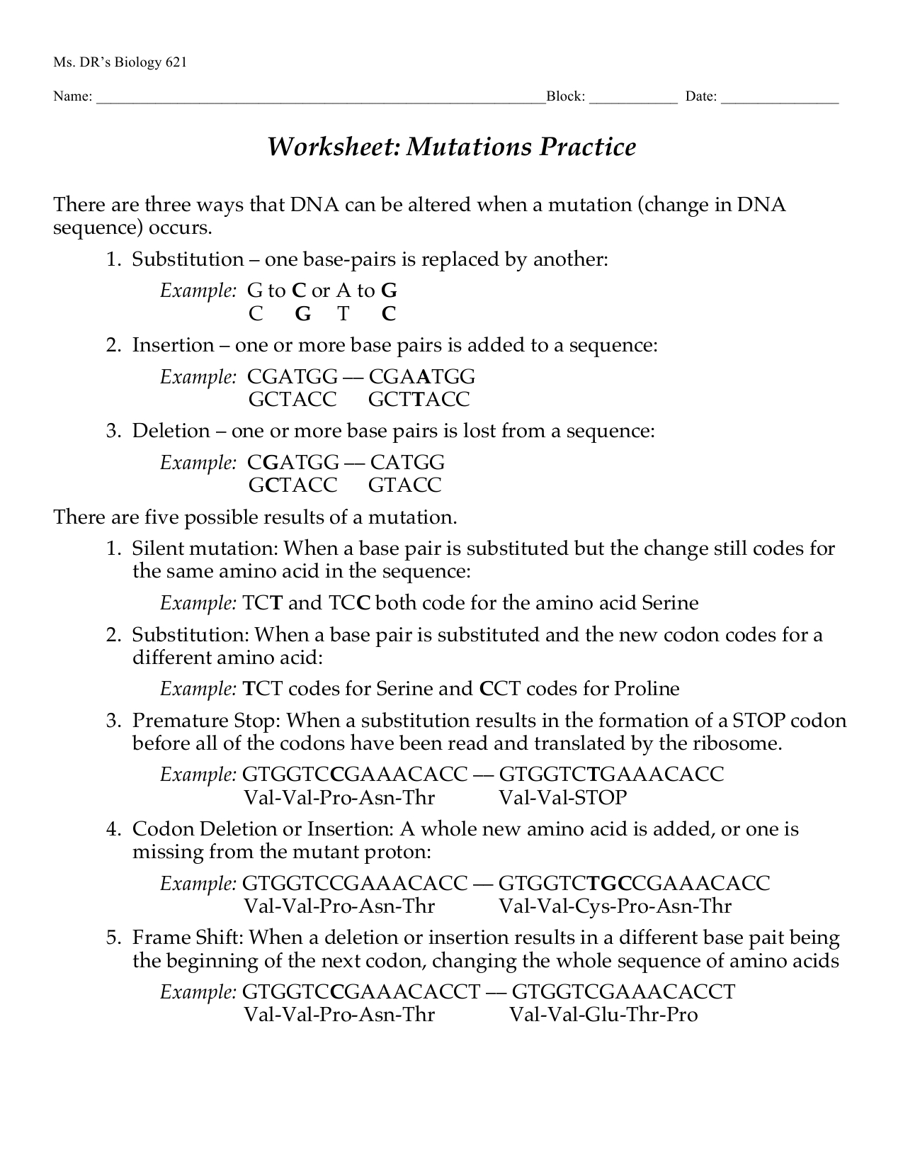 Worksheet Mutations Practice
