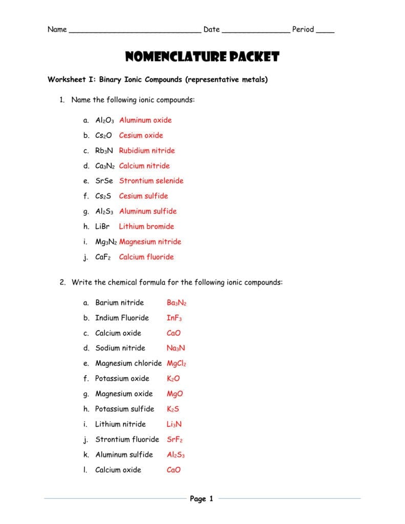 Nomenclature Worksheet Answers