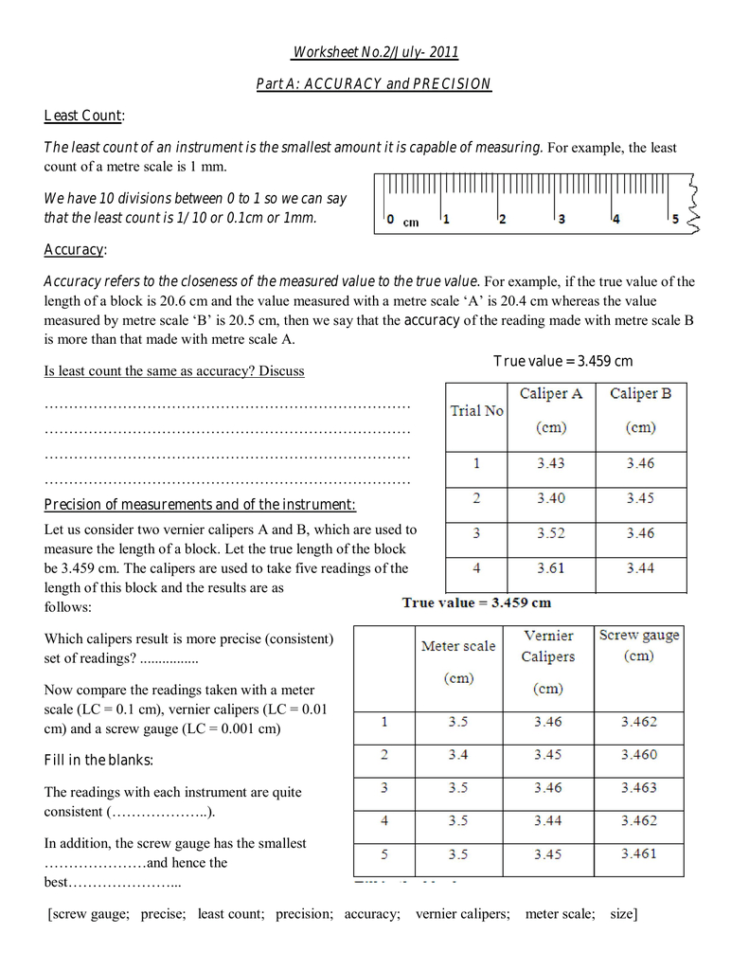Worksheet No2July 2011 Part A Accuracy And Precision Least Count