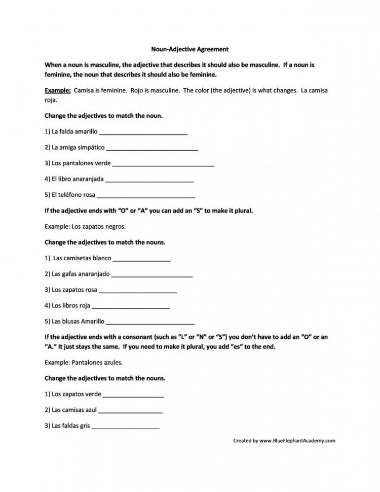 Worksheet Noun Adjective Agreement Spanish  Inspiracao Kids
