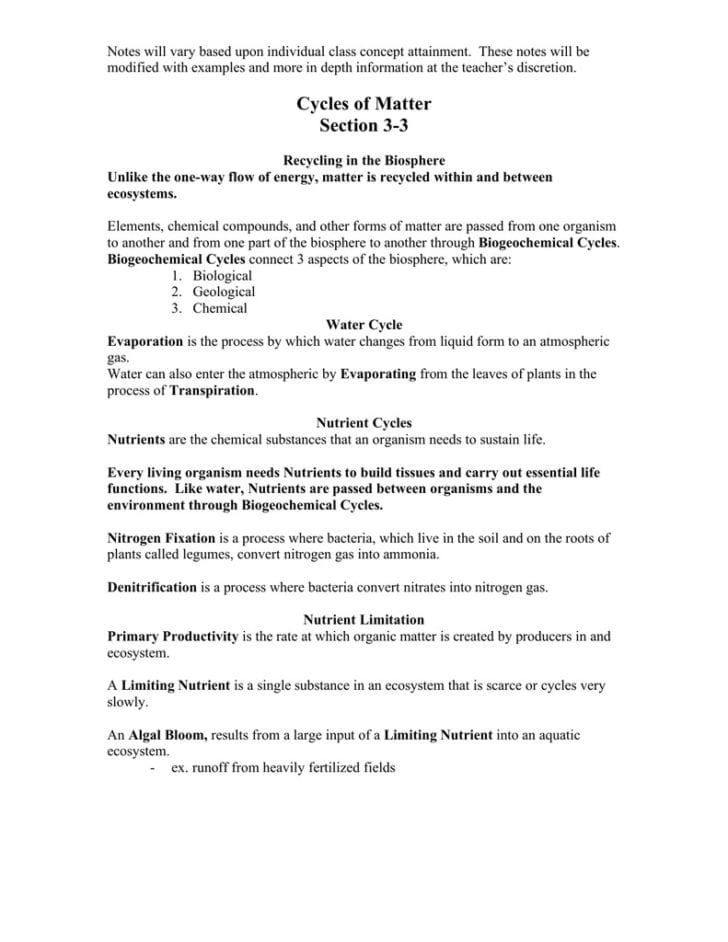 Cycles Of Matter Worksheet Answers